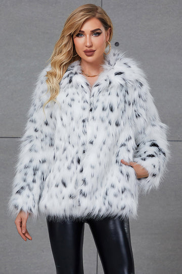 Vit Leopard Tryck Kavajslag Hals Fuskpäls Kvinnor Kappa